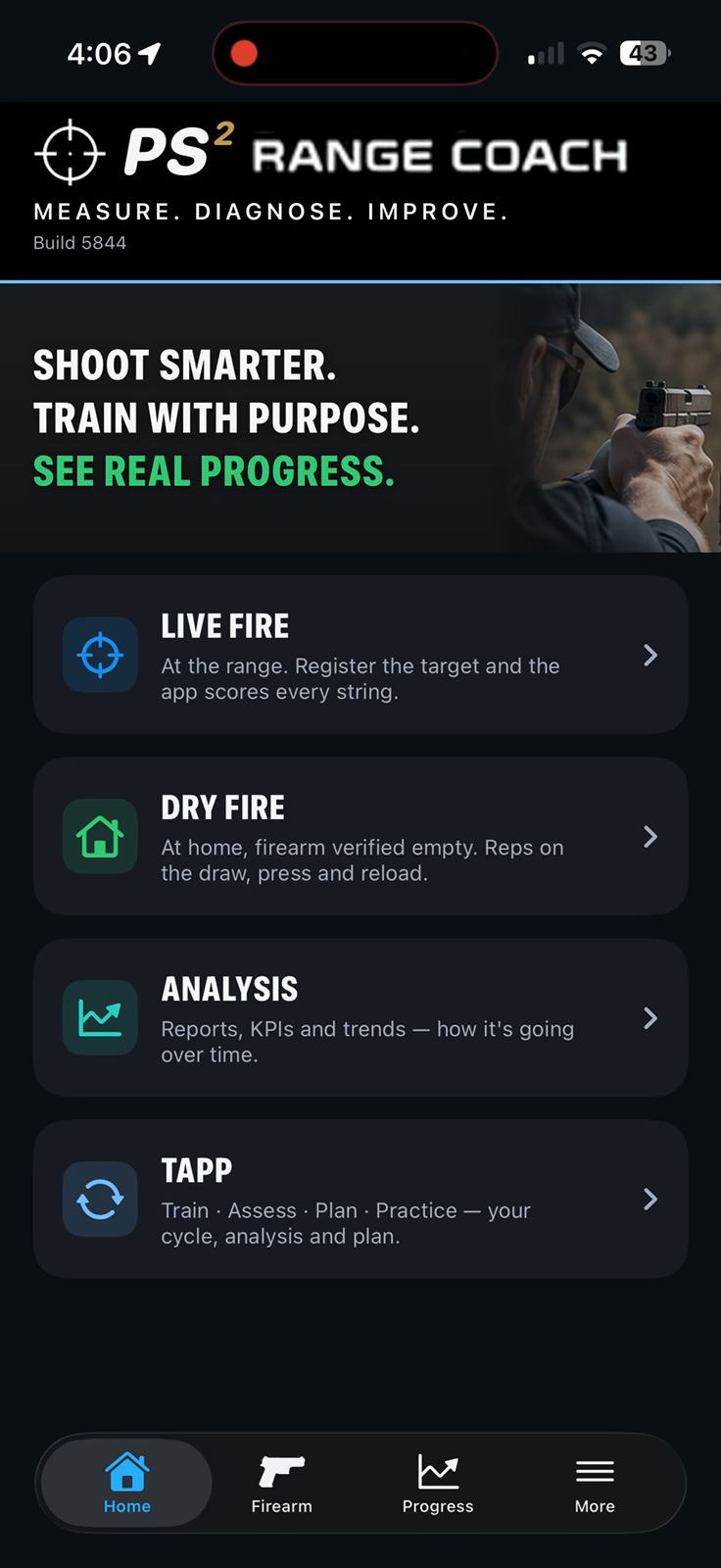 PS² Range Coach home screen with Live Fire, Dry Fire, Analysis and TAPP