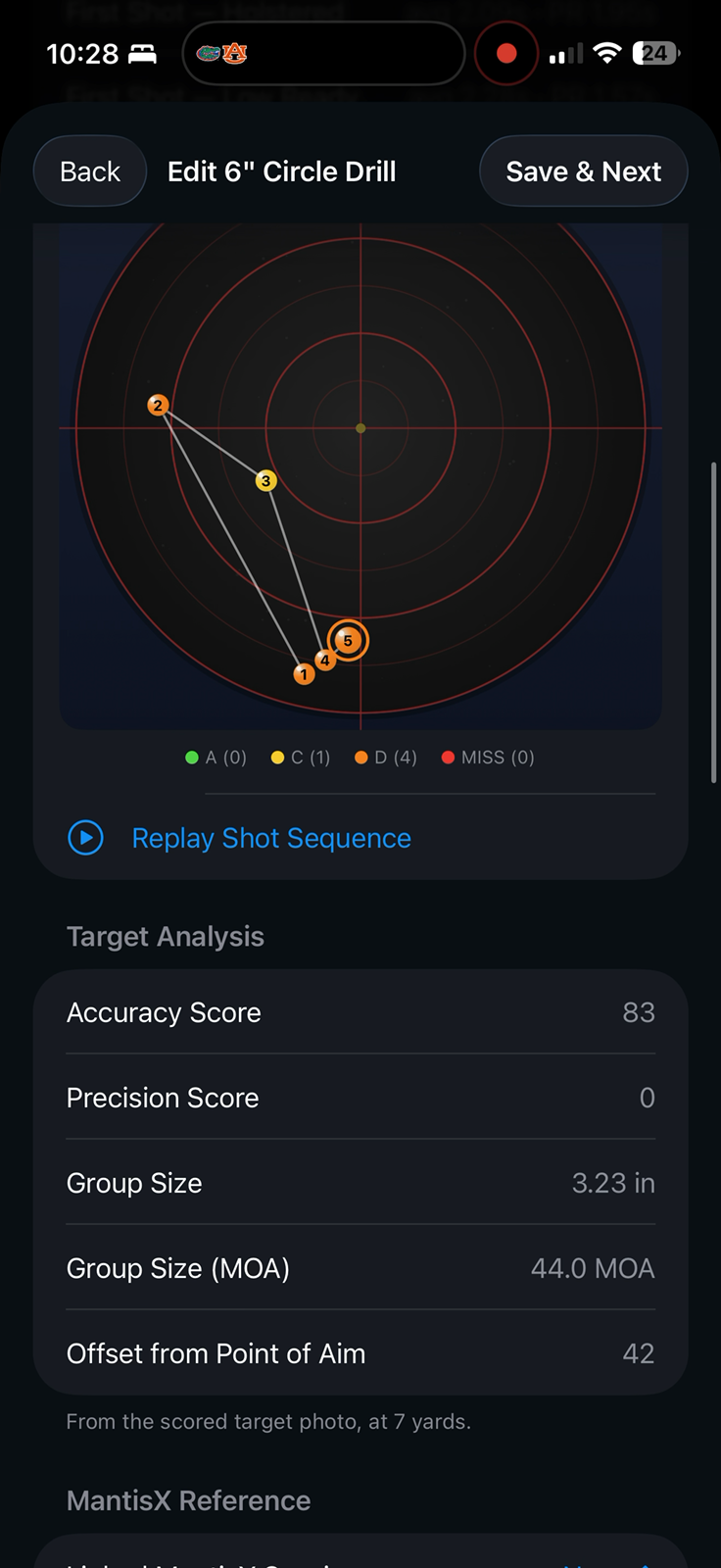 Circle target scoring screen with numbered hit markers and target analysis