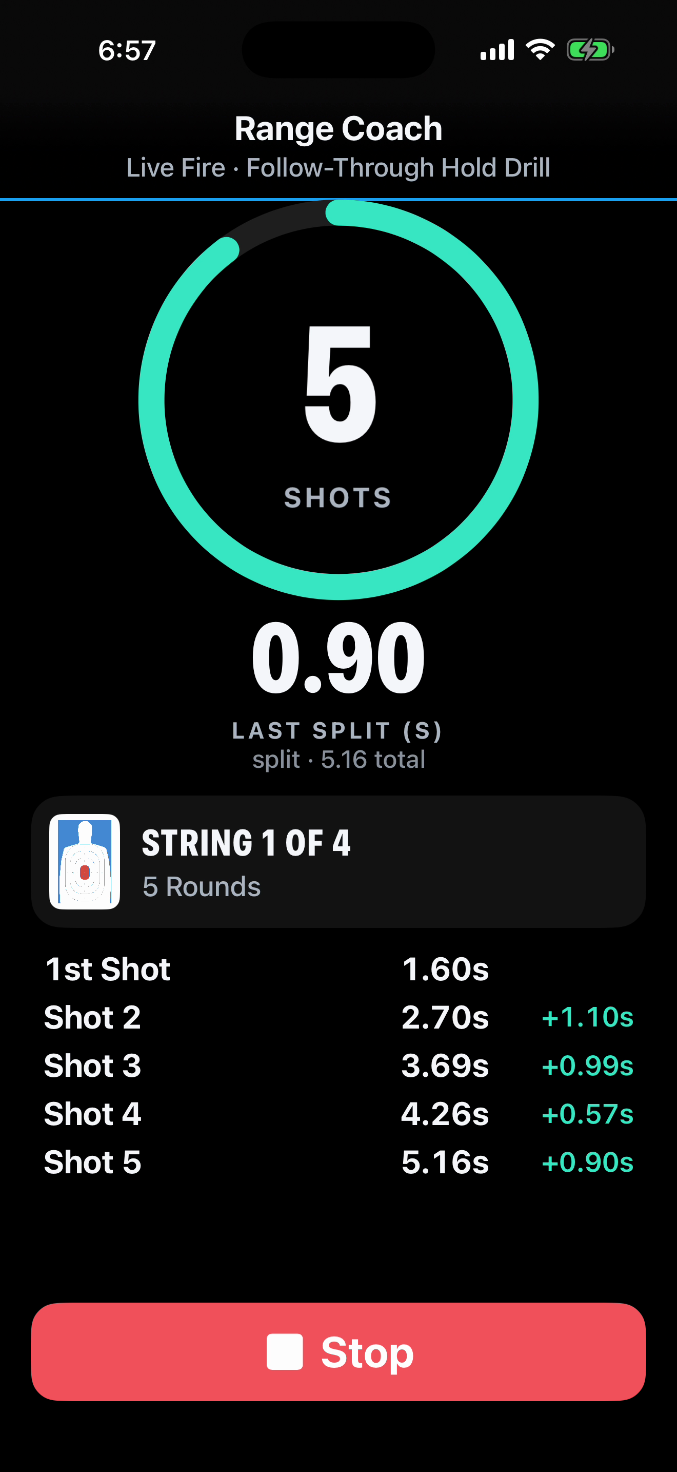 Updated Range Coach timer showing five shots, a 0.90-second last split and individual shot times
