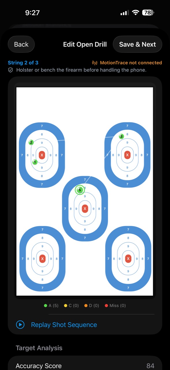Qualify x5 scoring screen showing green hit markers and zero misses