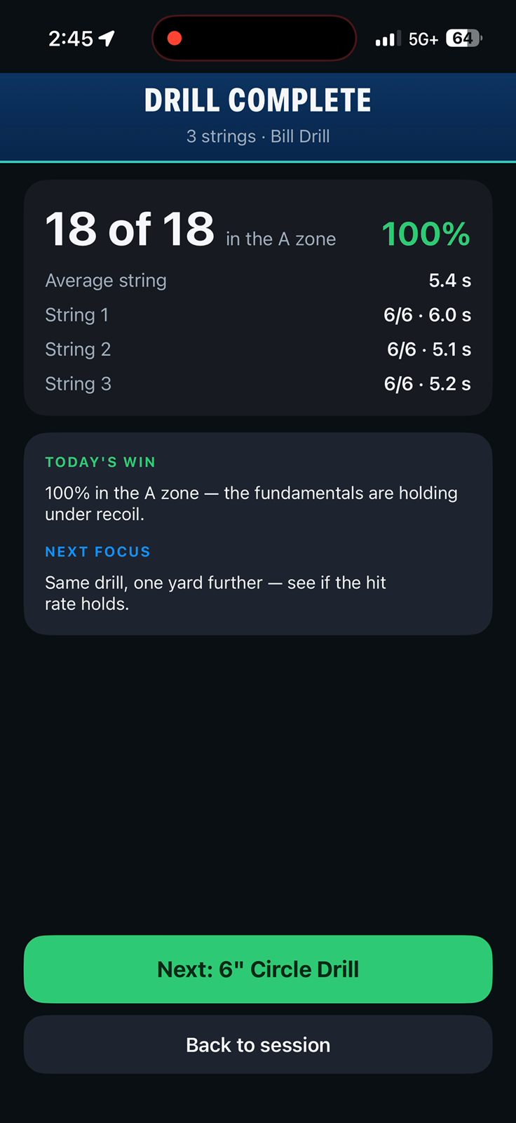 Drill complete: actual PS squared Range Coach screen