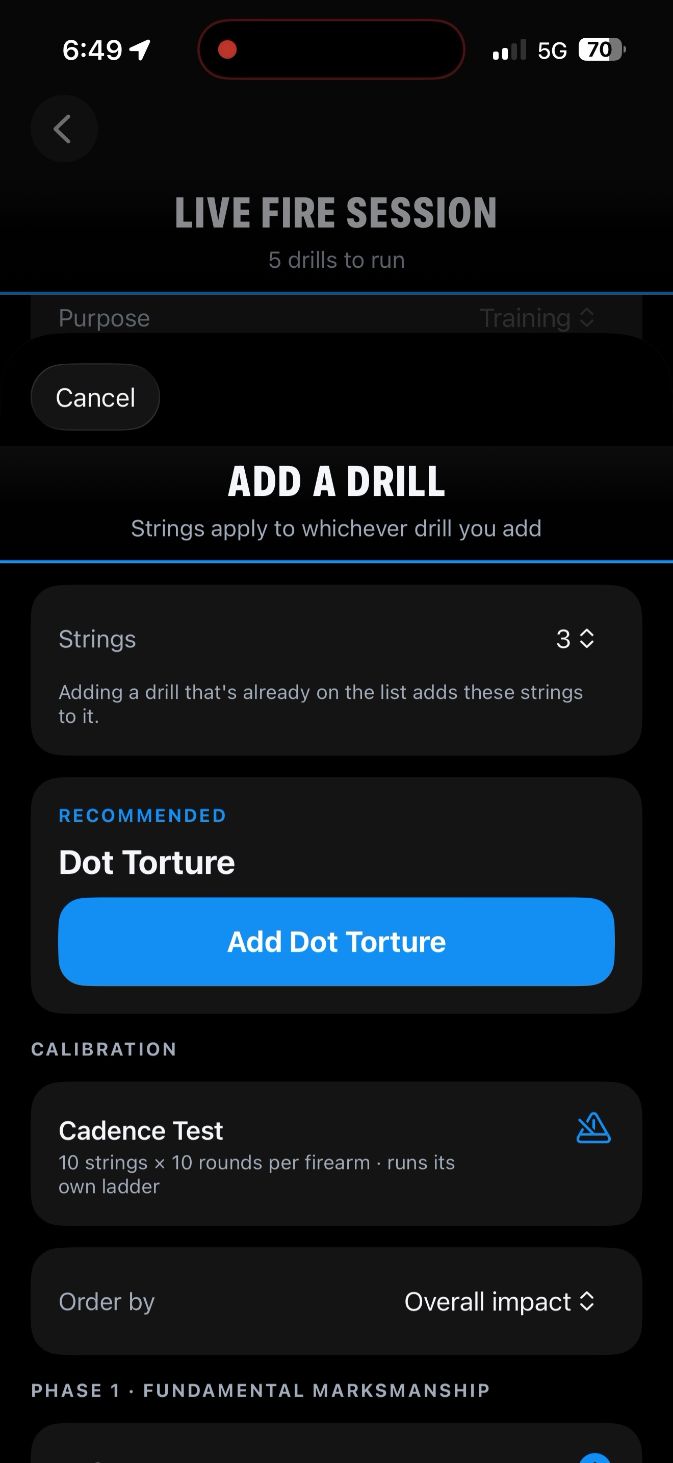 Recommended drill in the Range Coach session builder