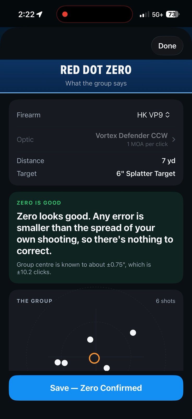 Red Dot Zero: actual PS squared Range Coach screen
