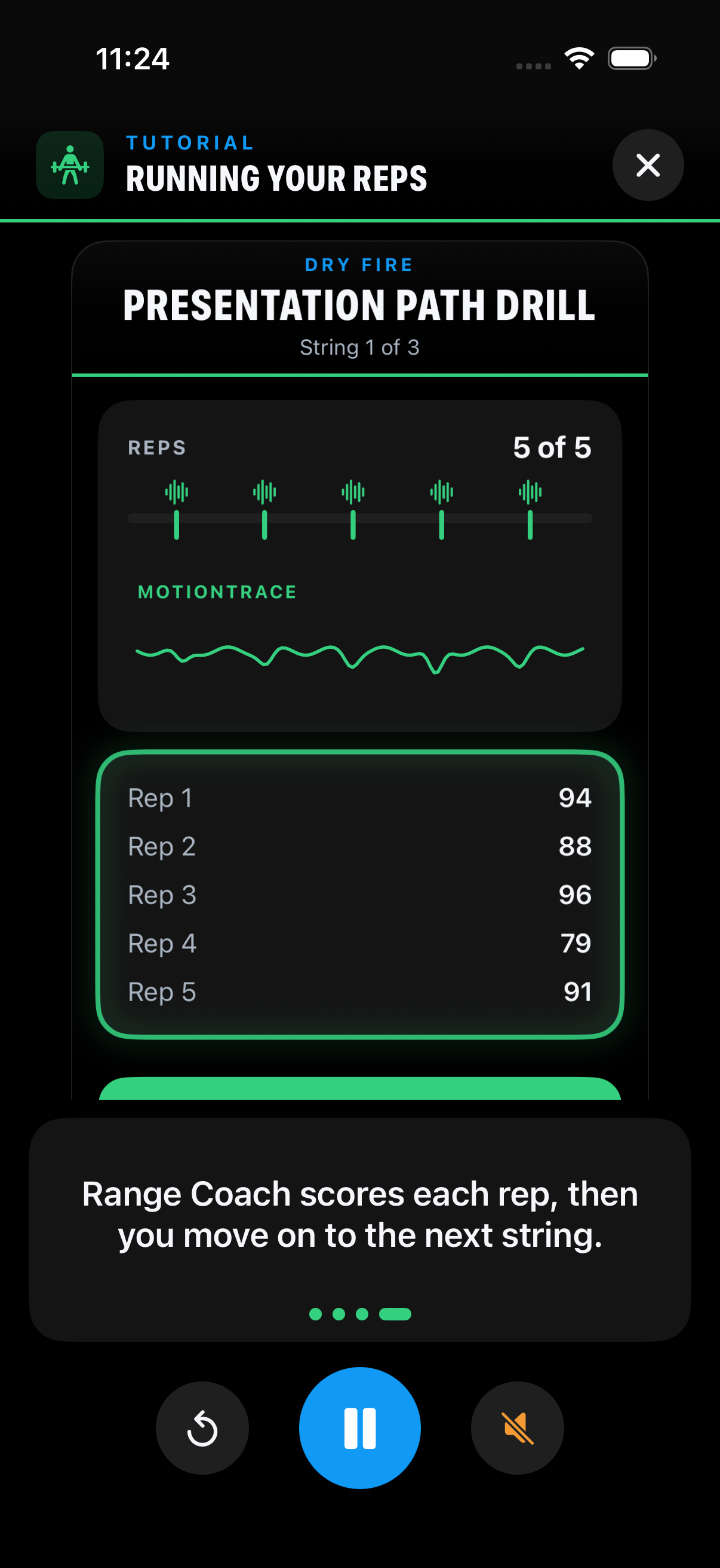 Range Coach tutorial showing five dry-fire reps, MotionTrace and rep scores
