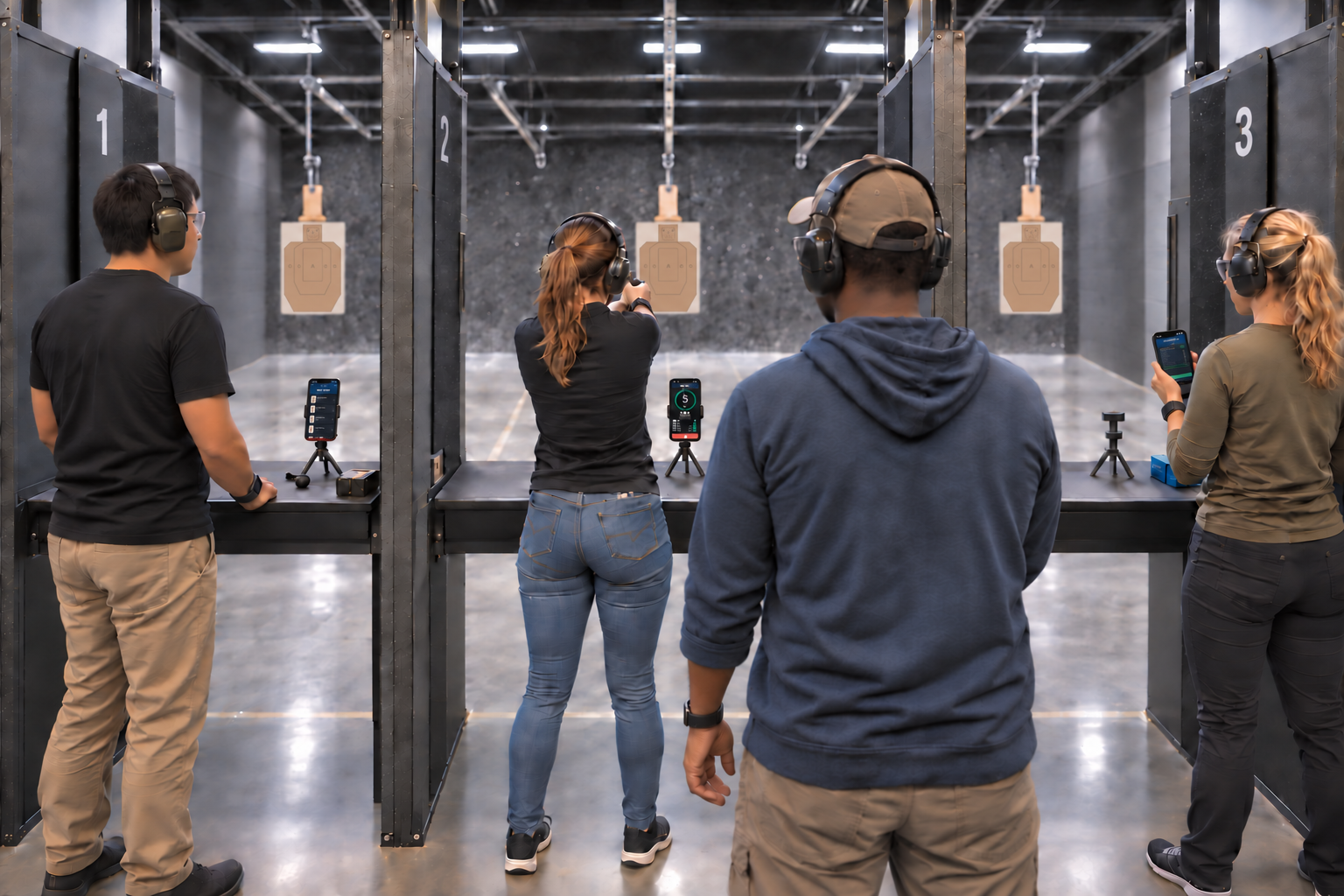 Illustrated community range scene with four friends, USPSA targets, Apple Watches, and actual Range Coach app screens on their phones